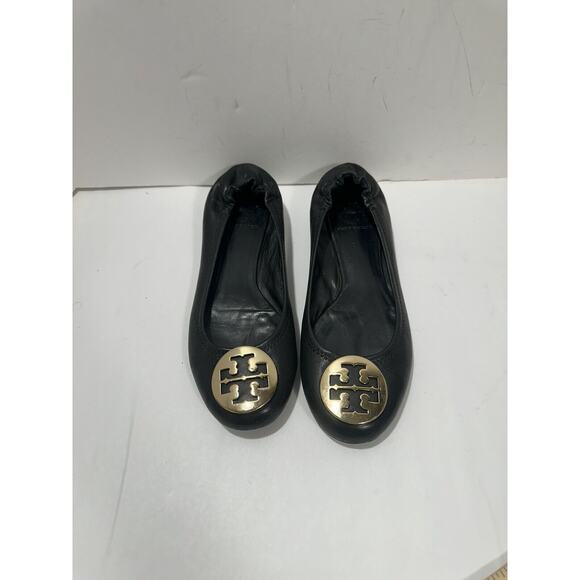 TORY BURCH Reva Ballet Flats Black Gold Medallion Logo Sz 7.5 See Pictures - Picture 2 of 7